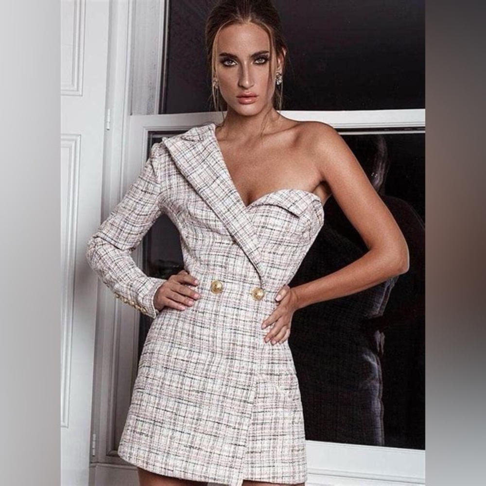 NWT House of Maguie Valentina Pale Pink Asymmetric One Shoulder Tweed Dress